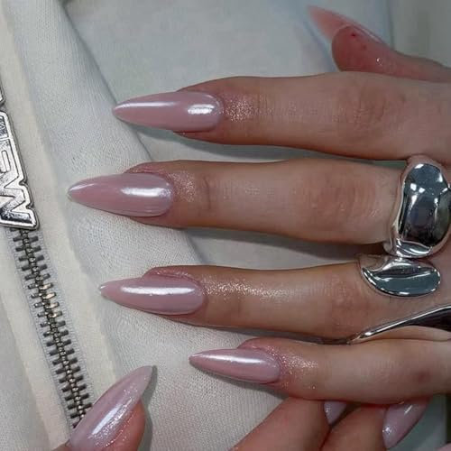 Chrome Light Pink False Nails Almond, SVXME Chrome Press On Nails Medium, Glazed Gel Fake Nails Press on, Glitter Glue on Nails Medium Cute, Natural Fit Stick on Nails for Women Daily & Party Wear