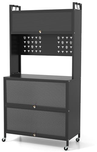 GOPLUS Küchenschrank mit 5/6 Ebenen, Buffetschrank mit Arbeitsplatte & Schränken, Vorratsschrank mit Klapptüren, Haken, Küchenbuffet mit Rollen, Mikrowellenschrank (Schwarz,80 x 40 x 160 cm)
