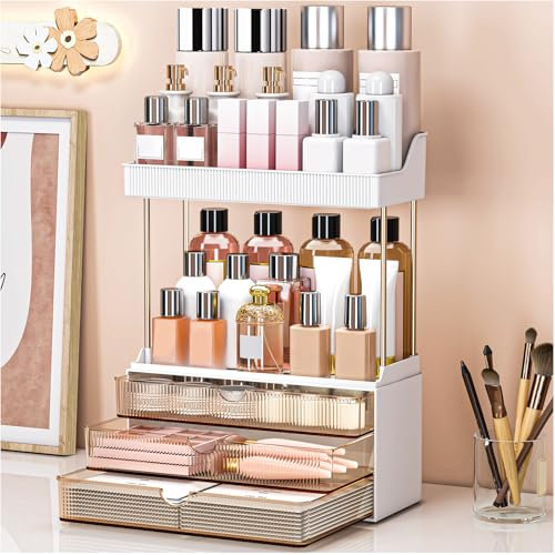 Storivo Makeup Organiser,3 Tier Drawer,Large Vanity Organiser, Multifunctional Organizers, Dressing Table Organiser, Makeup Brushes,Skincare, Perfume, Amber