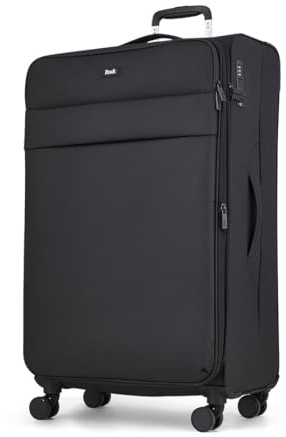 Rock Harper Large Soft Shell Suitcase in Black - Lightweight, Sleek & Minimalist Design - Telescopic Handle, 360 Swivel-Wheels & TSA Combination Lock - 78 x 47 x 34cm 84L Capacity