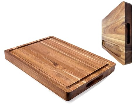 Delex Large Wooden Chopping Board – FSC Certified Acacia Cutting Board with Juice Groove & Cracker Well, Multipurpose Kitchen & Charcuterie Serving Board (40.7x30.5x3.8 cm)