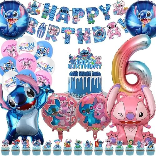 42 Stück Stitc Geburtstags Deko, 6 Jahre Luftballons Deko, Geburtstagsdeko, Party Supplies Set Enthalten Banner, Cake Topper, Luftballons, Foil Balloons, Deko für Kinder Geeignet