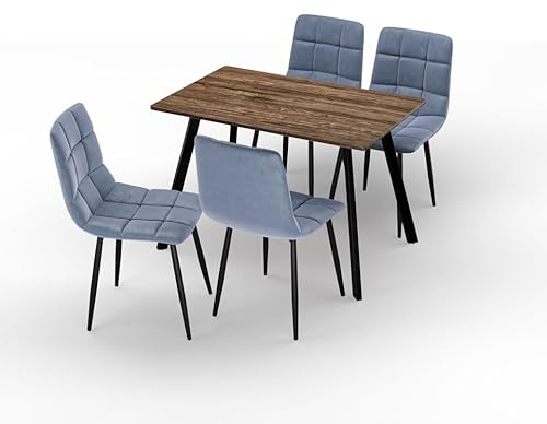 URBNLIVING 110cm Dining Table & 4 Velvet Chairs Set – Modern Metal Frame Kitchen Furniture, Contemporary Dining Room Set - Rustic Oak Table Madison Blue Chair