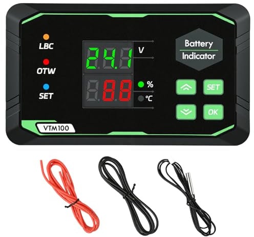 VOKTTA Smart LCD Batteriekapazität Spannung Messgerät mit Alarm und Temperatur Sensor 0~100°C 12 V 24 V 36 V 48 V 60 V 72 V 84 V für Blei-Säure-/Li-Ionen-/LiFePO4 Batteriewächter