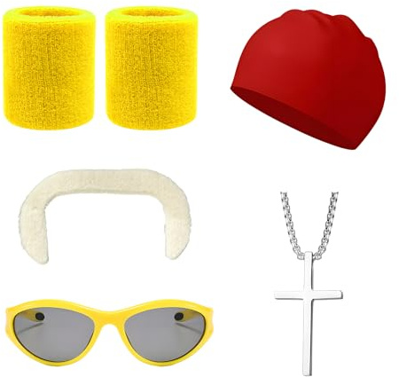 6 Stück Wrestler Kostüm Set, Rotes Bandana, Gelbe Sonnenbrille, Weißer Schnurrbart, 2 Gelbe Armbänder, Kreuzkette, Hulk Hogan Kostüm Zubehör für Herren Damen, Erwachsenen Verkleidung, Cosplay Party
