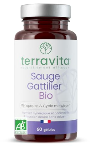 TERRAVITA | Sauge Gattilier BIO | Complément Ménopause Naturel | 60 Gélules | Sans Hormones | Bouffées de Chaleur - Fatigue - Stress - Variations d’Humeur | 2 Mois de Cure | Fabriqué en France