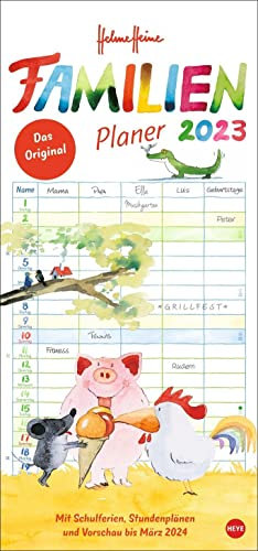 Helme Heine Familienplaner 2023 - Wandkalender mit Monatskalendarium, 5 Spalten, Schulferien, 2 Stundenpläne, 3-Monats-Ausblick Januar bis März 2024 - 21 x 45 cm