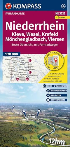 KOMPASS Fahrradkarte 3323 Niederrhein, Kleve, Wesel, Krefeld, Mönchengladbach, Viersen mit Knotenpunkten 1:70.000: reiß- und wetterfest
