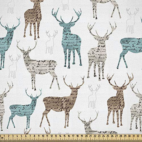 ABAKUHAUS Hirsch Gewebe als Meterware, Altes Text-Tier-Weihnachten, Schön Gewebten Stoff für Polster und Wohnaccessoires, 1M (148x100cm), Türkis Beige Braun
