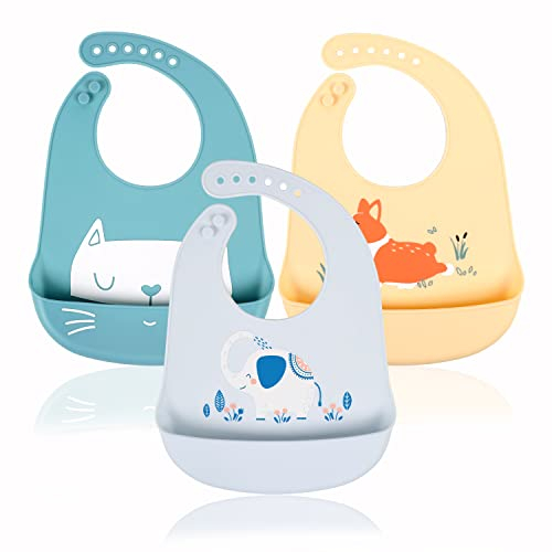 YINGJEE 3 Pack Baby Lätzchen Wasserdichte Silikon Lätzchen für Babys und Kleinkinder Unisex Superweiche, hochwertige und leicht Futtertasche Reiselätzchen mit Sicherheitsschlos