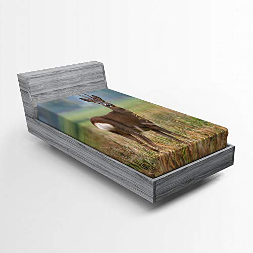 ABAKUHAUS Jagd Spannbetttuch, Deer Wildlife, Soft Dekorativer Stoff Bettwäsche Rund-um Elastischer Gummizug, 90 x 200 cm, Mehrfarbig Taupe