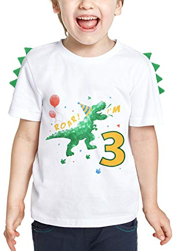 Kinder Dinosaurier T-Shirt 3. Geburtstag Jungen 3 Jahre Kurzarm Geschenk 100% Baumwolle Weiß Rundhals-Ausschnitt T-Rex Gedruckt Stickerei Sommer Top Bekleidung (Weiß, 100)