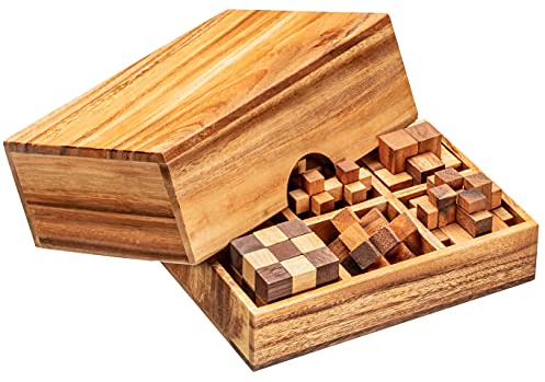 Zederello Geduld-Spiel Box mit 6 Knobel-Spielen in Holz-Verpackung, Logik-Set, Denk, Knobel-Sammlung, 3D Puzzle