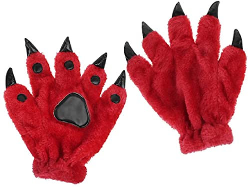 Halloween Costume Claw Gloves Novelty Adults Kids Animal Paw Gloves Hairy Hands Warm Dinosaur Gloves Cat Wolf Claw Mittens for Halloween Cosplay Carnival Party Fancy Gloves,Red