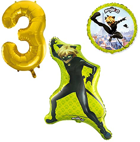 Cat Noir Ballonset Ballon mit goldener Zahl 3 Kindergeburtstag Heliumgeeignet Deko Kindergeburtstag Partygeschirr Dekoration für Geburtstag Party Mottoparty Motto Luftballons