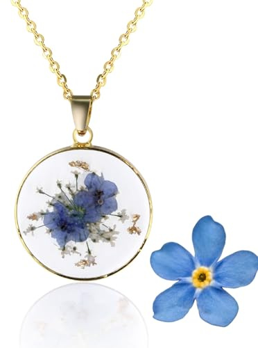 Halukakah 18k Gold Plattiert Wildblumen-Halskette für Frauen,Handgepresste Vergissmeinnicht und Schafgarbe der Königin Anne,Einzigartiger Harz-Blumenschmuck,Echte Blumen im Fassung-Anhänger,45cm Kette
