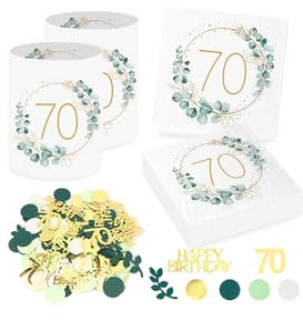 Sprinlot 20 Stück 70. Geburtstag Deko Servietten + 12 Stück Windlicht Tischdeko 70 Geburtstag + Eukalyptus Konfetti Tischdeko Grün Deko 70 Frau, Geschenke zum 70 Frau Mann