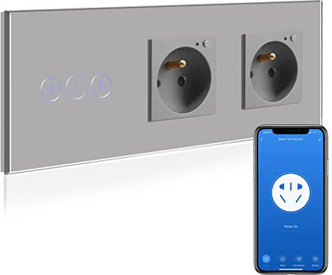 BSEED WifI Variateur de Lumière avec Prise Murale,Intelligent Interrupteur gradateur+Double Prise Intelligente Gris,Compatible avec Amazon Alexa et Google Home,Contrôle Vocal et Fonction de Temps