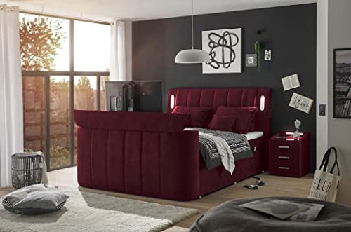 Froschkönig24 Dallas Boxspringbett Bett 180x200 cm, inkl. Motor & motorisierter TV-Halterung Rot, Ausführung:Variante 1