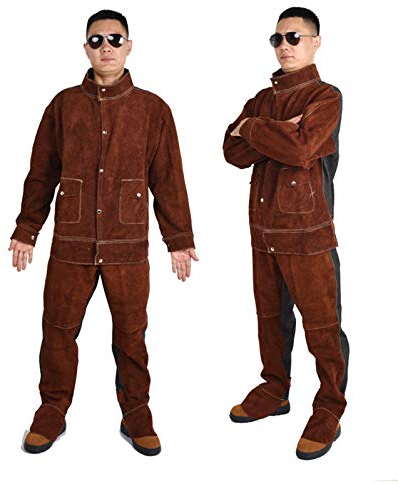 Schweißkleidung zum Schweißen und Schmelzen an Orten mit hohen Temperaturen Hitze Flammschutzmittel Schweißsicherheit Arbeitskleidung Rindsleder Denim Nähte Schweißjacke Hosenanzug