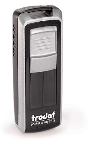 Trodat -Pocket Printy 9512 – Personalice el sello de bolsillo con texto deseado, aquí mismo en línea, color de la caja plateado – sello de dirección – con texto deseado – 46 x 17 mm, 5 líneas -