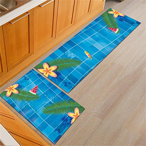 Blue Ice Cream Kitchen Rugs Set 2 Piece Kitchen Mat Set Non-Slip Anti Fatigue Standing Mats Runner Rugs Washable Floor Mats for Kitchen,Laundry,Bedroom,Hallway,Indoor/Outdoor Doormat,50x80cm+50x160cm