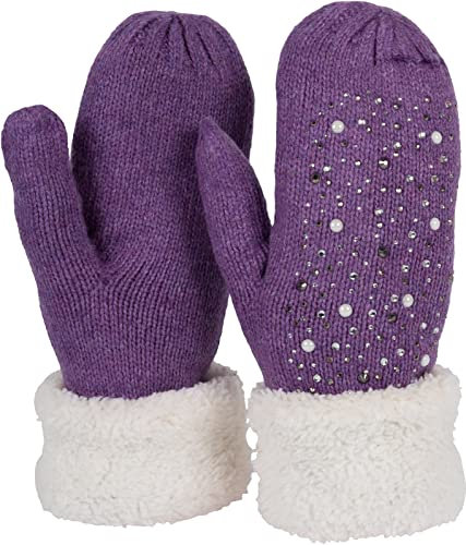 styleBREAKER Damen warme Winter Strick Fäustlinge mit Strass und Perlen, Handschuhe, Thermo Fleece, Strickhandschuhe 09010039, Farbe:Violett