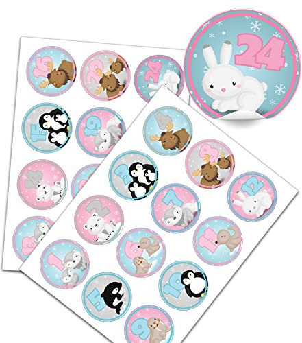 Yabaduu DIY Adventskalender Zahlen zum Aufkleben Nummern 1-24 Selbstklebende Sticker für Weihnachten Weihnachtskalender Selber Basteln Y048 (16 Polartiere rund)