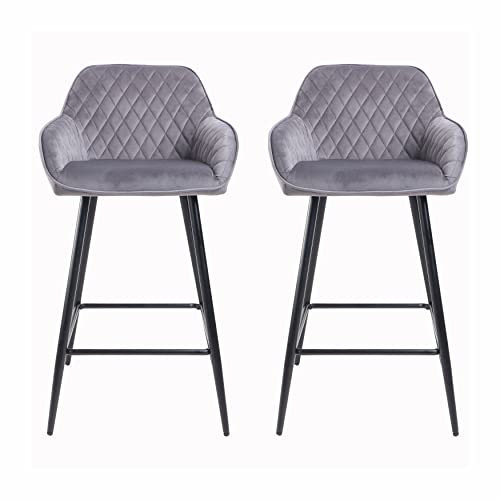 Neo 2x Velvet Crushed Upholstered Black Legs High Seat Dining Counter Island Kitchen Breakfast Bar Stools Chairs (Dark Grey)