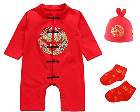 Combinaison De Camouflage Infantile bébé filles garçons nouvel an chinois à manches longues pull barboteuse combinaison chaussettes chapeau tenues Combinaison Trou (Watermelon Red, 12-18 Months)