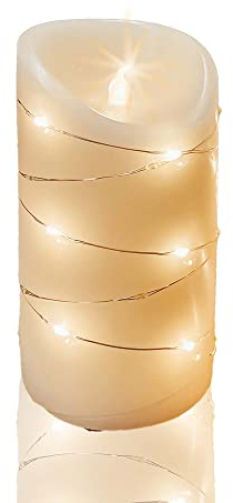 hellum LED Wachskerze mit Lichterkette, Ø 8cm x 15cm hoch, LED Kerzen mit flackernde Flamme, mit Batterien (3xAAA nicht inkl.), Weihnachtsbeleuchtung Deko, Echtwachs Kerze 525113