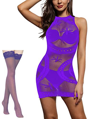 NLAND Lingerie Donna Babydoll Abito Skinny Senza Maniche con Calze Trasparente Camicia da Notte Collant per Coppia Notte da Nozze (Taglia Unica, Viola)