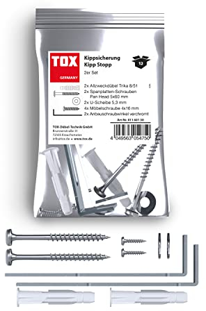 TOX Kipp Stopp Kippsicherung für Möbel, sicherer Halt in Allen Räumen und nahezu jedem Baustoff für Regale, Schränke, Kommoden UVM, optisch unauffällig und schnell zu montieren, 2 Stück, 01160130