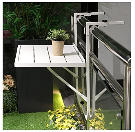 Balkonhängetisch Klappbarer Decktisch aus weißem Metall for den Außenbereich, platzsparender Kleiner Geländertisch for Terrasse, Garten, Balkon, höhenverstellbar