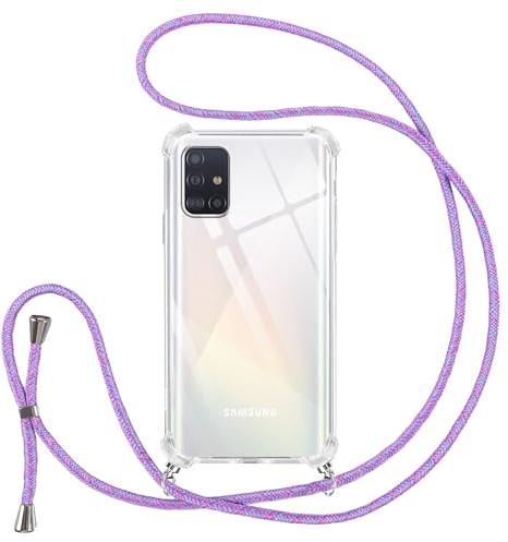 Vauki handyband für Samsung Galaxy A51 Hülle mit Band, Durchsichtig Transparent Silikon Handyhülle mit Kette Kordel zum Umhängen, TPU Bumper Case für Samsung A51, Lila 01