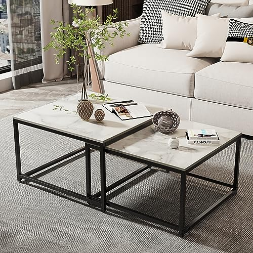 FATIVO Table Gigogne Salon Marbre: Tables Basses Lot de 2 Carrées Moderne Bout de Canapé Design pour Café Hotêl avec Pieds Noire en Métal - Blanc 65x65x40+60x60x36cm