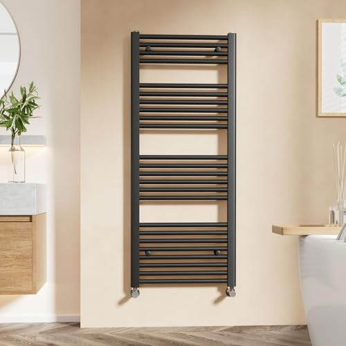 EMKE Black Heated Towel Rail, 1200 x 500mm, Modern Straight Wall Mounted Bathroom Radiator