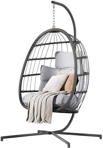 HWB Hanging Egg Chair with Stand, Patio Wicker Egg Swing Chair with Cushion for Bedroom Garden Indoor Outdoor (Grey)