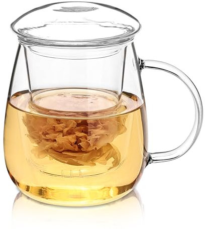 SHENDONG Glass Tea Cup with Infuser and Lid, Borosilicate Steeping Teacup, 17.6oz Clear for Blooming, Fruit, Floral Tea, Oats, Milk, Coffee