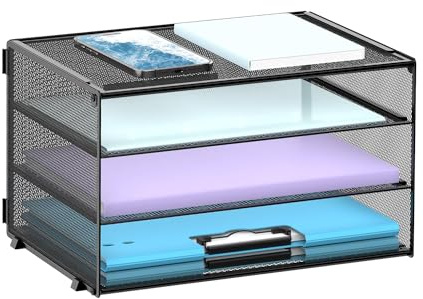 SUPTIDY 3 Tier Letter Tray Paper Organiser Mesh Metal Desk File Organiser for Home & Office, Black