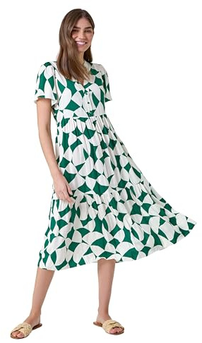 Roman Shirt Dress for Women UK Ladies Short Sleeve Sleeveless Belted Collared Midi Maxi Summer Spring Smart Casual Button Evening Office A Line Swing Skater - Green Ivory - Size 16