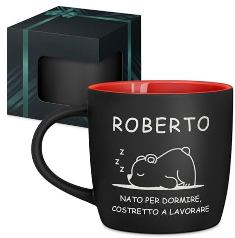 Maverton Tazza da caffè macchiato o tè in ceramica - 400 ml - Incisione personalizzata - Tazze con manico per bevande per Lui - Bicchiere da colazione per compleanno uomo - Interno rosso - dormiglione