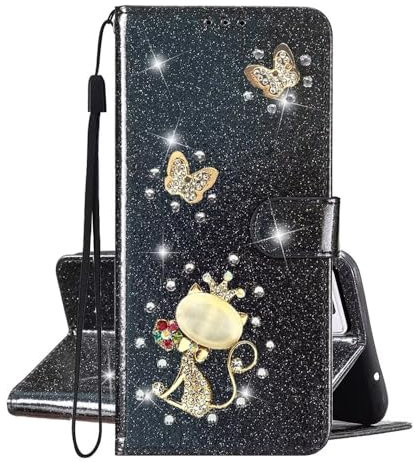 SEHEYA per Samsung Galaxy S10 Plus / S10+ Cover Portafoglio Brillantini Farfalla Gatto Motivo Custodia Libretto PU Pelle Glitter a Libro Donna Flip Case Magnetica Protezione Caso, Nero