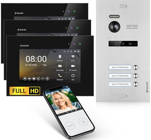 Balter EVO-HD Video Türsprechanlage, Video Türklingel mit Kamera, 3 Familienhaus Klingel, 3X 7 Zoll HD Monitor, Full HD, 2 Draht Bus, Gegensprechanlage mit 175° Weitwinkel