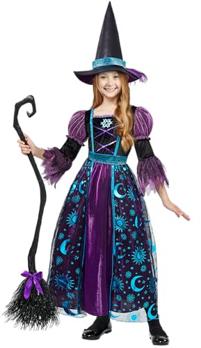 Spooktacular Creations Disfraz de bruja para niñas, vestido de Halloween con escoba, juego de bruja brillante de luna para juego de rol de mago