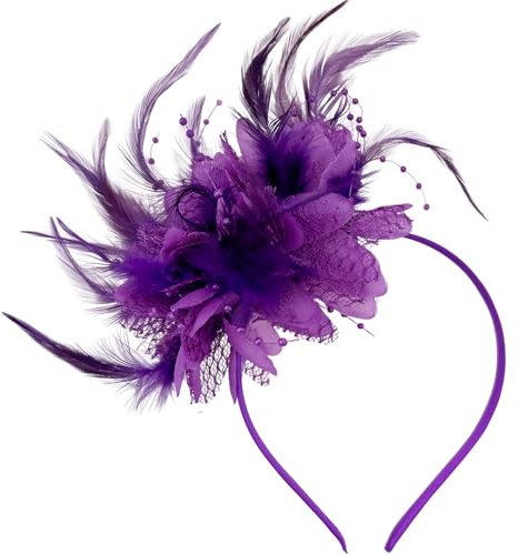 Ladies Fascinator Wedding Hat,Headdress Feather Mesh Hair Accessories Faux Flowers Head Flowers Retro Fascinators Hat Flower Mesh Ribbons Feathers On A Headband Wedding Prom Women Girls(Purple)