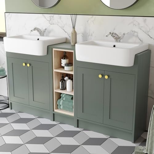 BAYSTONE® 1540mm Bathroom Double Vanity Unit Semi-Recessed Basin Sink Shelf Unit Storage Cabinet Cupboard Freestanding, Wash Basins, Matt Green - Brushed Brass Handles