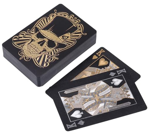 Fravsiu Schwarze Spielkarten, schwarzes Spielkartenspiel - Pokerkarten mit geprägtem Schädel, flexible Spielkarten mit Folien-Finish mit einzigartiger Aufbewahrungsbox für Poker