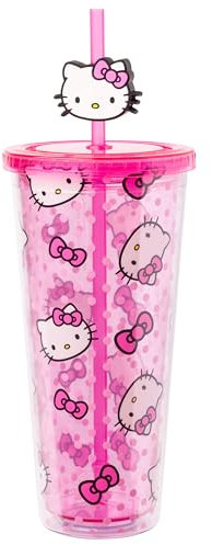 Silver Buffalo Sanrio Hello Kitty Plastic Cold Cup with Lid and Straw Topper, 24 Ounces