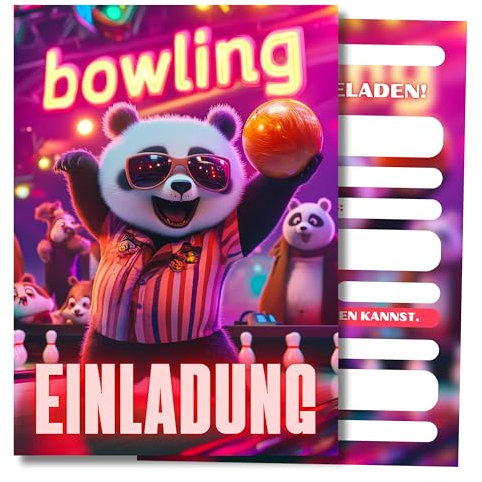 HIDEBLOOM Panda Bowling Einladungskarten Kindergeburtstag Junge I 12 Stück I DIN A6 (10,5 cm x 14,8 cm) I Einladung Bowling Kindergeburtstag I Einladungskarten Bowling Kinder I Panda
